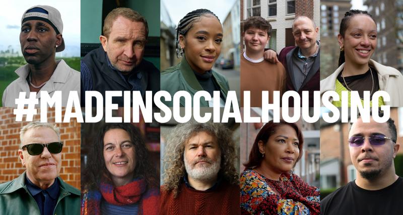Different portraits of people are in a collage with the text 'made in social housing' in white over the top