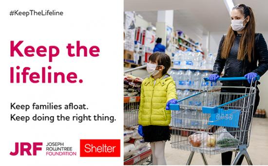 Women and child walking through supermarket. Writing over image 'Keep the lifeline. Keep families afload'