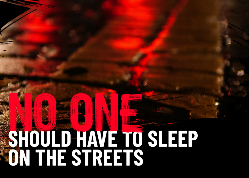 A street with the text 'No one should have to sleep on the streets' written over it