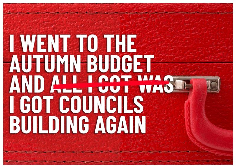 Photo of a red briefcase used by government ministers to carry documents. Text on the image saying 'I went to the autumn budget and all i got was i got councils building again' but the 'all I got was' is crossed through.