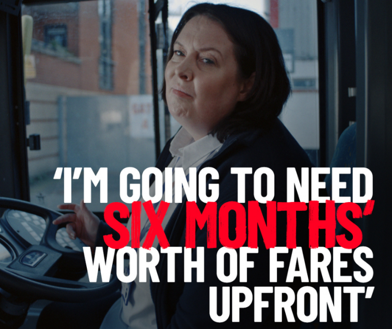 Female bus driver sitting behind the wheel with the words "I'm going to need six months worth of fares upfront"